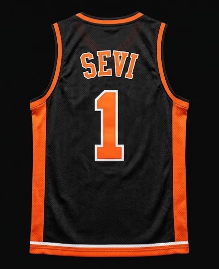Black and orange basketball jersey with the name SEVI and the number 1, hanging on a wooden hanger